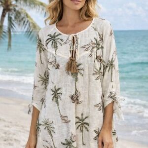 NWT ZL Made With Love Palm Tree Boho Tunic Dress Tassel Tie Tropical M/L